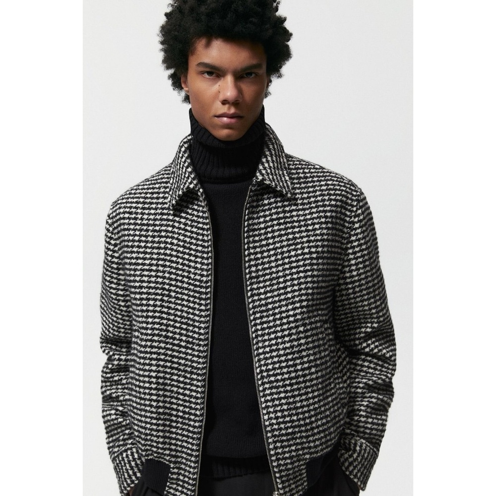 ZARA Men’s Lg Textured Houndstooth Bomber Jacket with Ribbed Cuffs & Hem. NWT